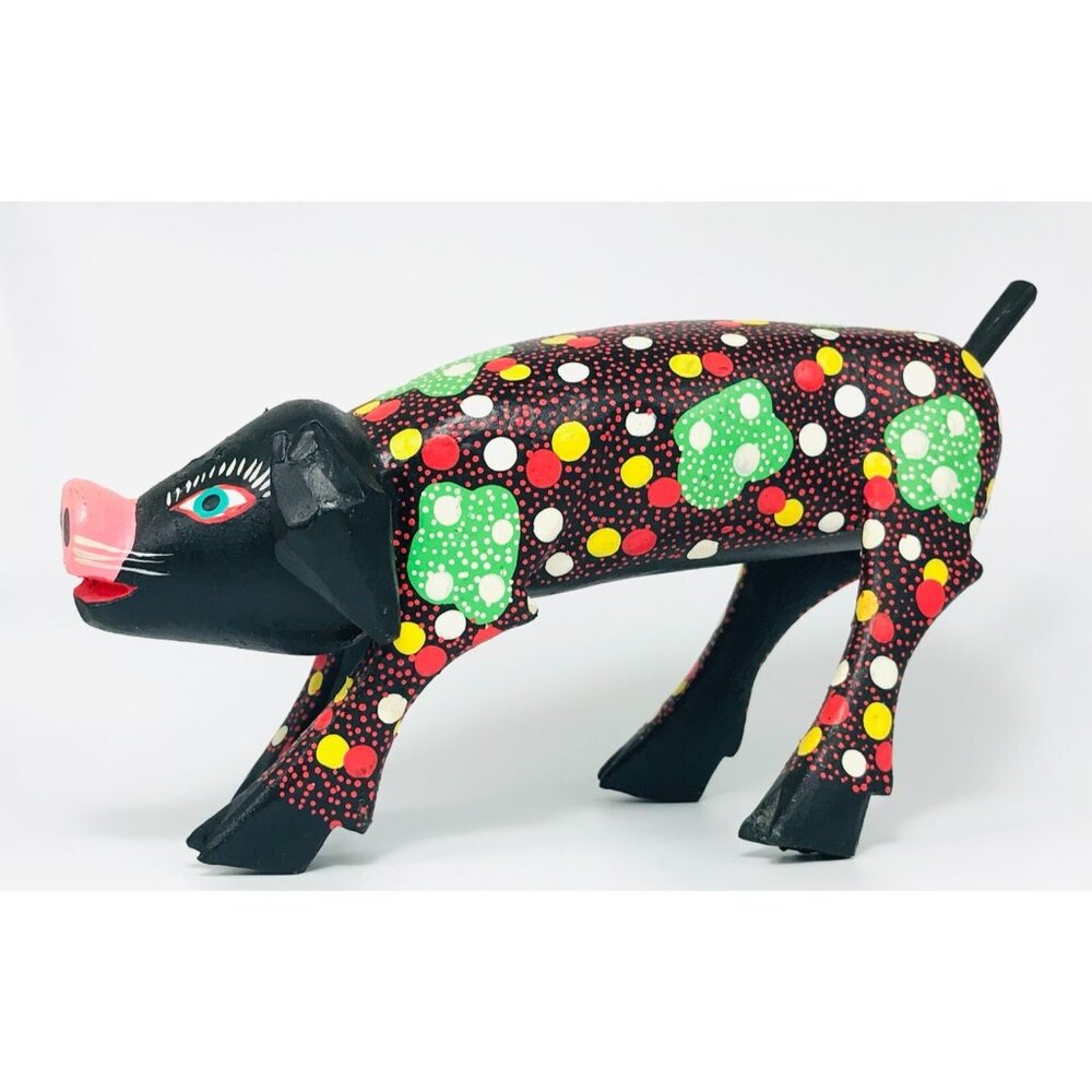 Oaxacan Pig Folk Art Carving 6" Hand Painted Animal Sculpture Figure Polka Dot